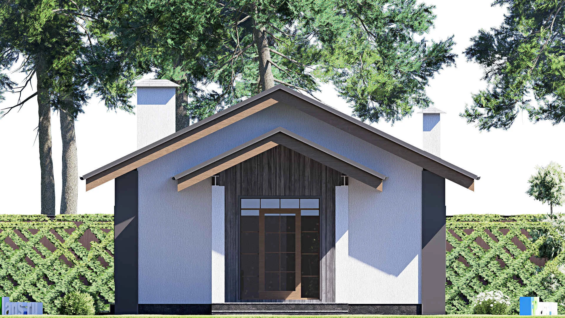 F-18584 - План одноэтажного дома 8 на 16, площадью 90 м² с террасой и 2 спальнями