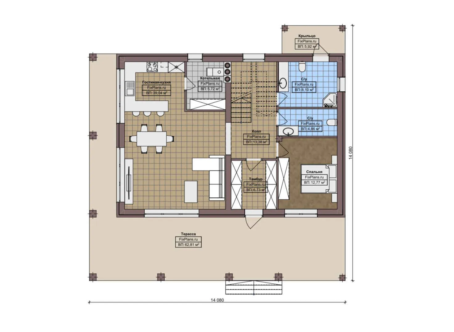 F-8549 - Планы двухэтажного дома 15 на 15, площадью 250 м² с террасой и 4 спальнями