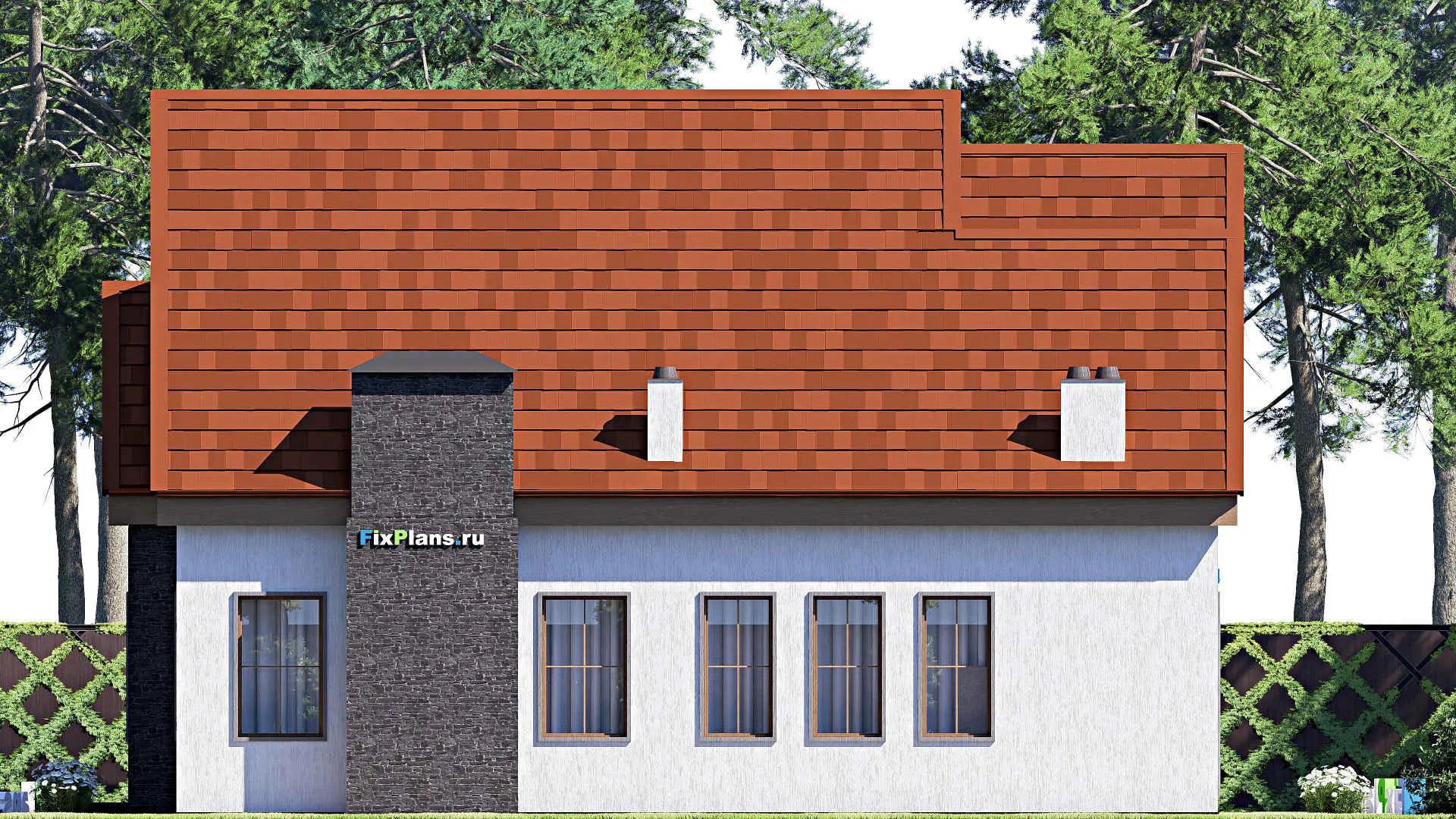 F-17288 - Проект дома с мансардой 15 на 23, площадью 260 м² с террасой, гаражом на 2 машины и 3 спальнями