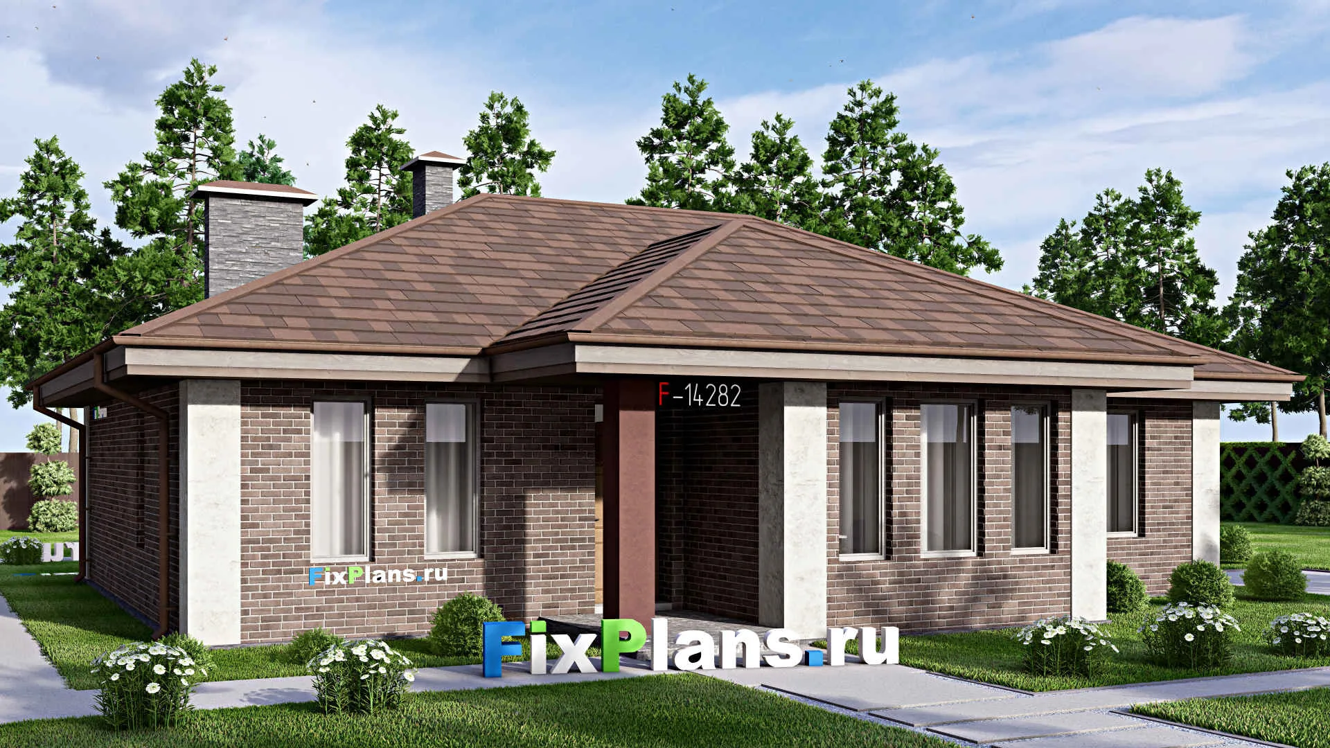 F-14282 - Проект одноэтажного дома 15 на 16, площадью 150 м² с террасой и 3 спальнями