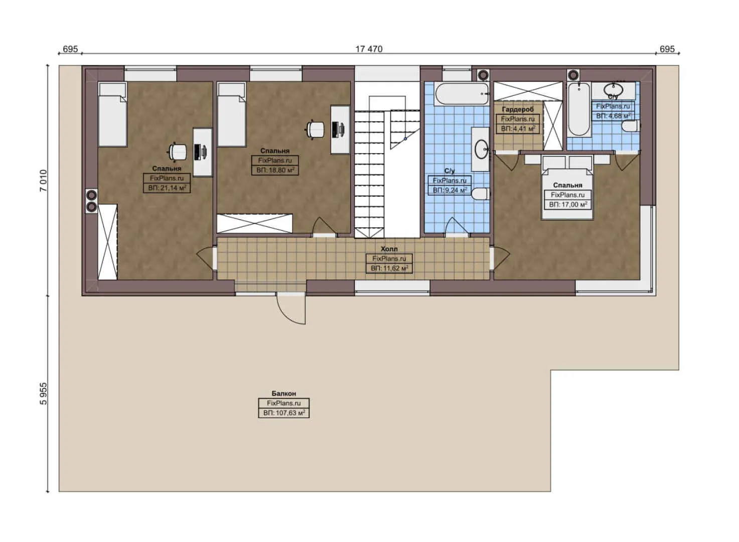 F-5435 - Планы двухэтажного дома 13 на 18, площадью 340 м² с балконом, спортзалом и 4 спальнями