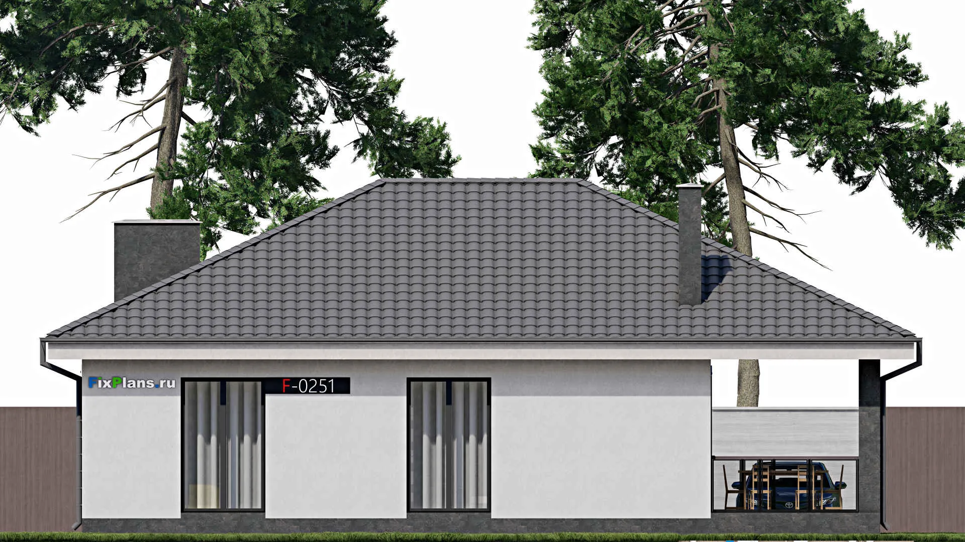 F-0251 - Проект одноэтажного дома 11 на 12, площадью 130 м² с террасой и 3 спальнями