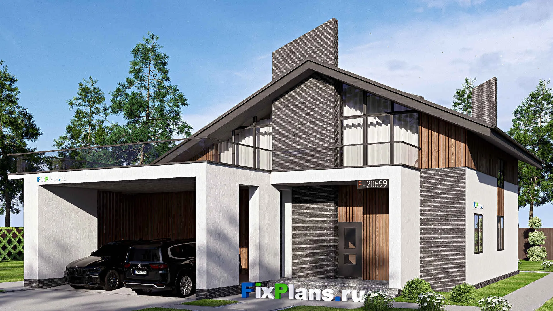 F-20699 - Проект дома с мансардой 16 на 18, площадью 360 м² с террасой, балконом, гаражом на 2 машины и 3 спальнями