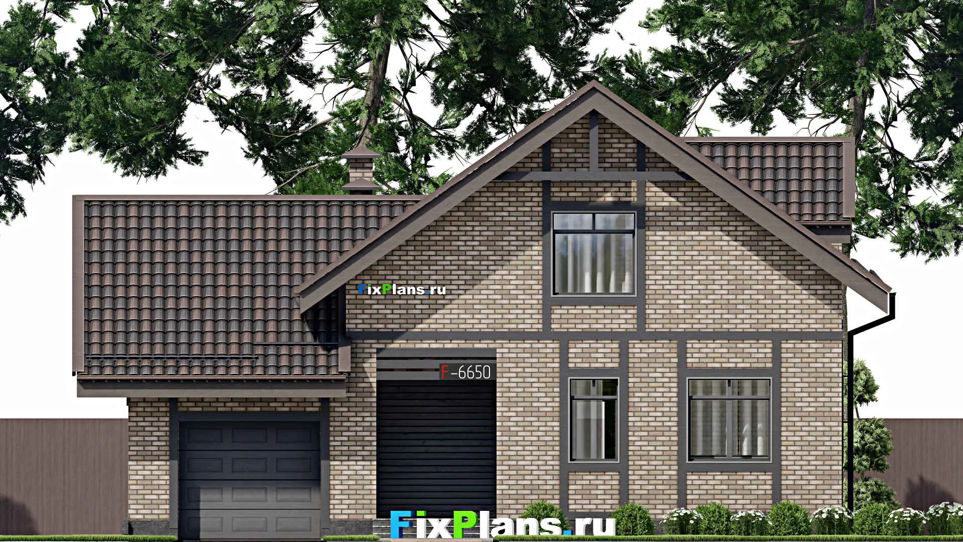 F-6650 - Проект дома с мансардой 13 на 13, площадью 160 м² с террасой, гаражом на 1 машину и 4 спальнями