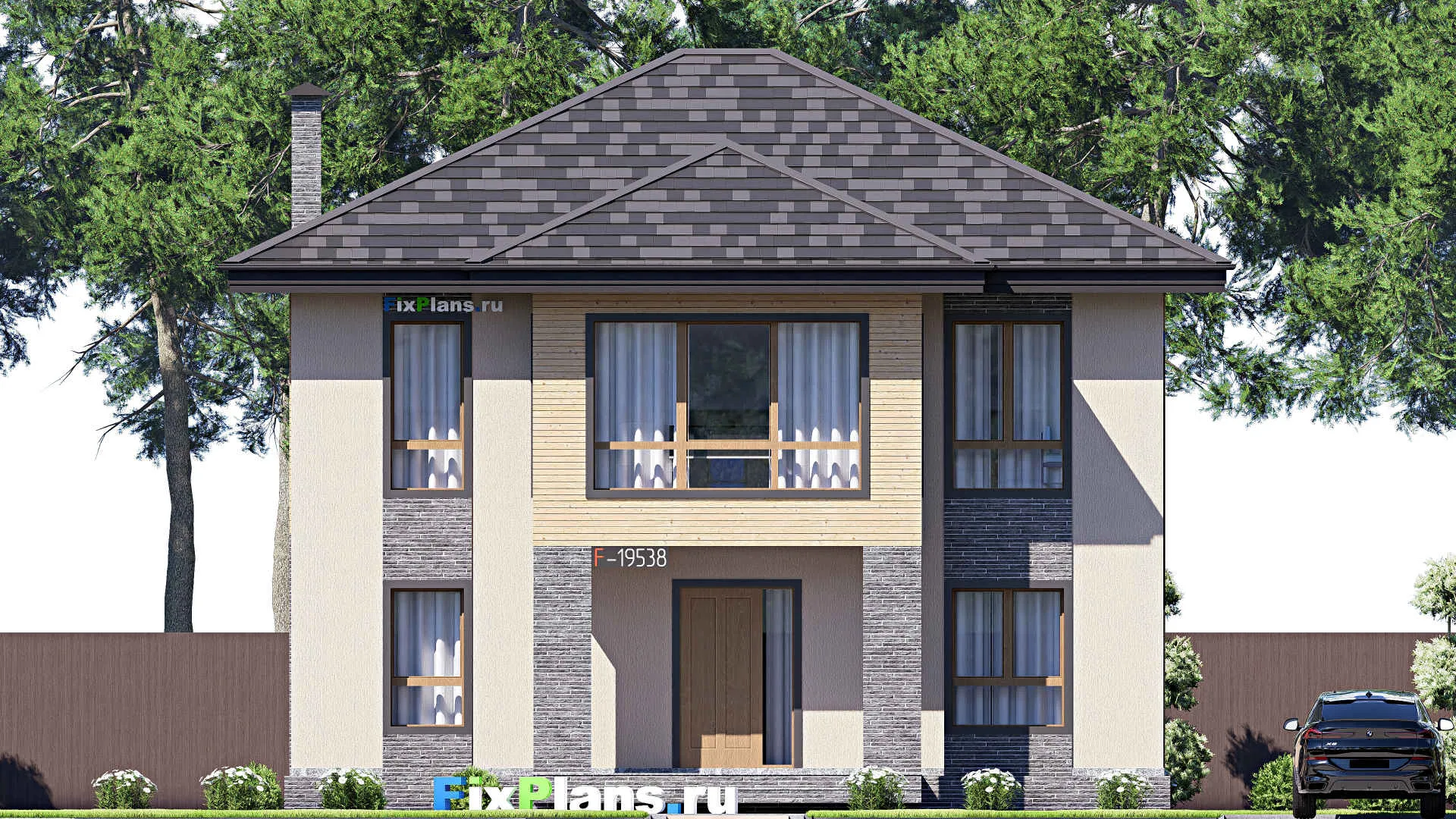 F-19538 - Планы двухэтажного дома 12 на 15, площадью 200 м² с террасой и 3 спальнями