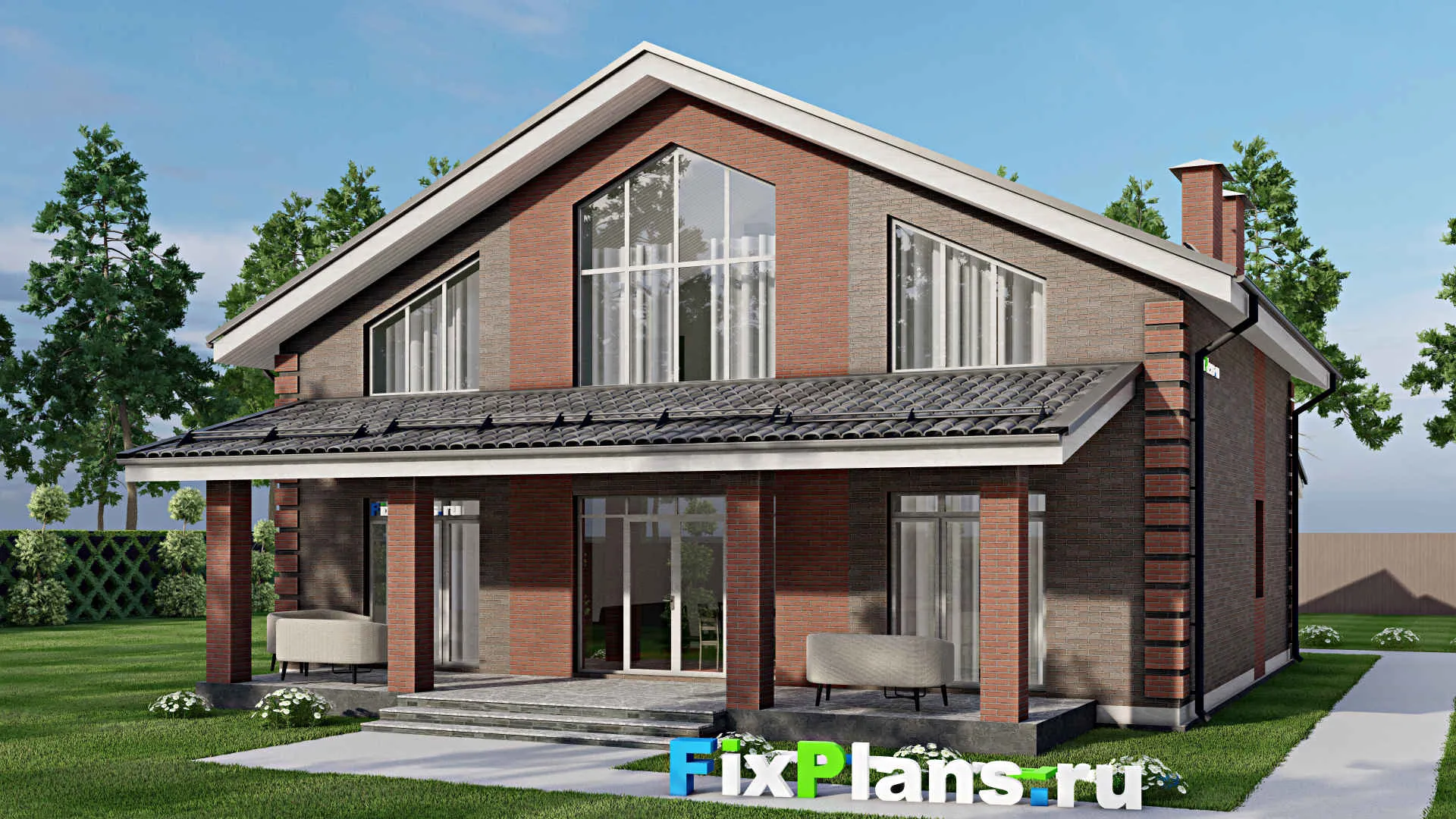 F-6497 - Проект дома с мансардой 14 на 14, площадью 250 м² с террасой, гаражом на 1 машину и 3 спальнями