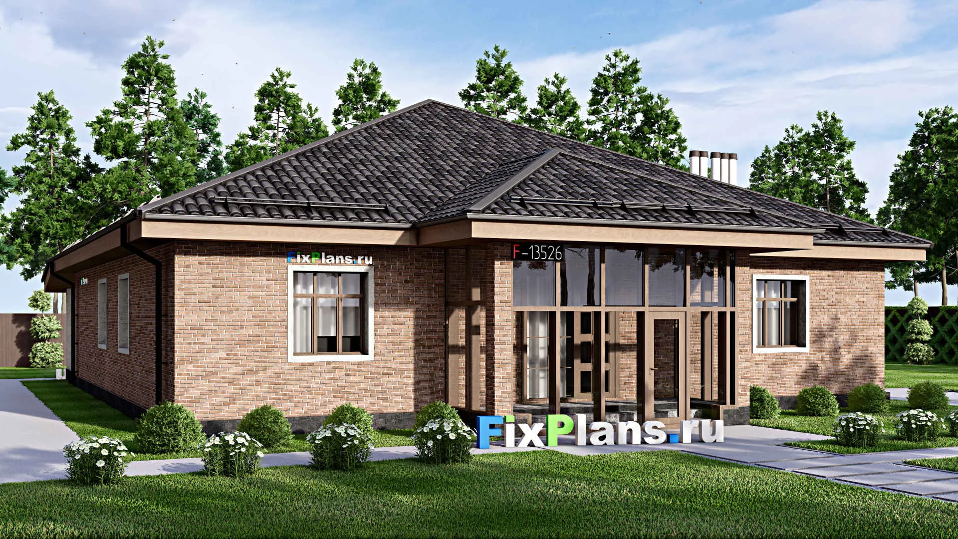 F-13526 - Проект одноэтажного дома 16 на 21, площадью 250 м² с террасой и 4 спальнями