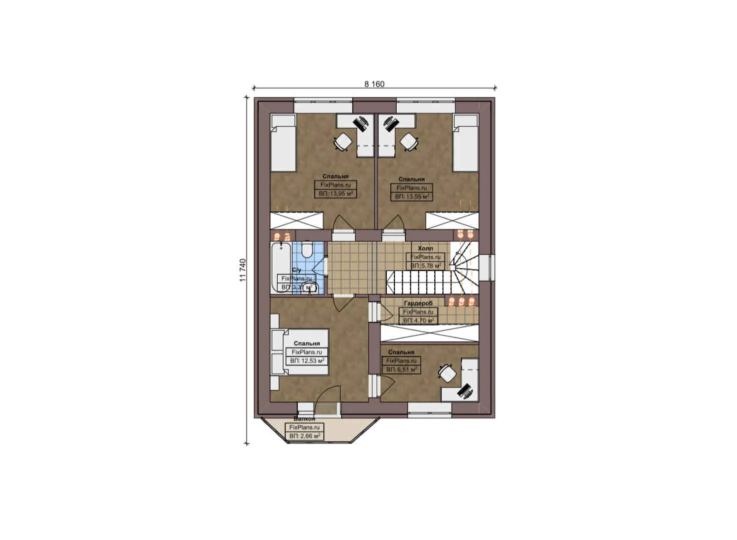 F-6479 - Планы дома с мансардой 9 на 12, площадью 150 м² с террасой, балконом и 5 спальнями