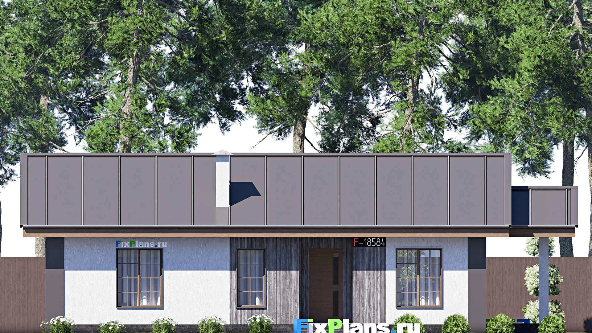 F-18584 - План одноэтажного дома 8 на 16, площадью 90 м² с террасой и 2 спальнями