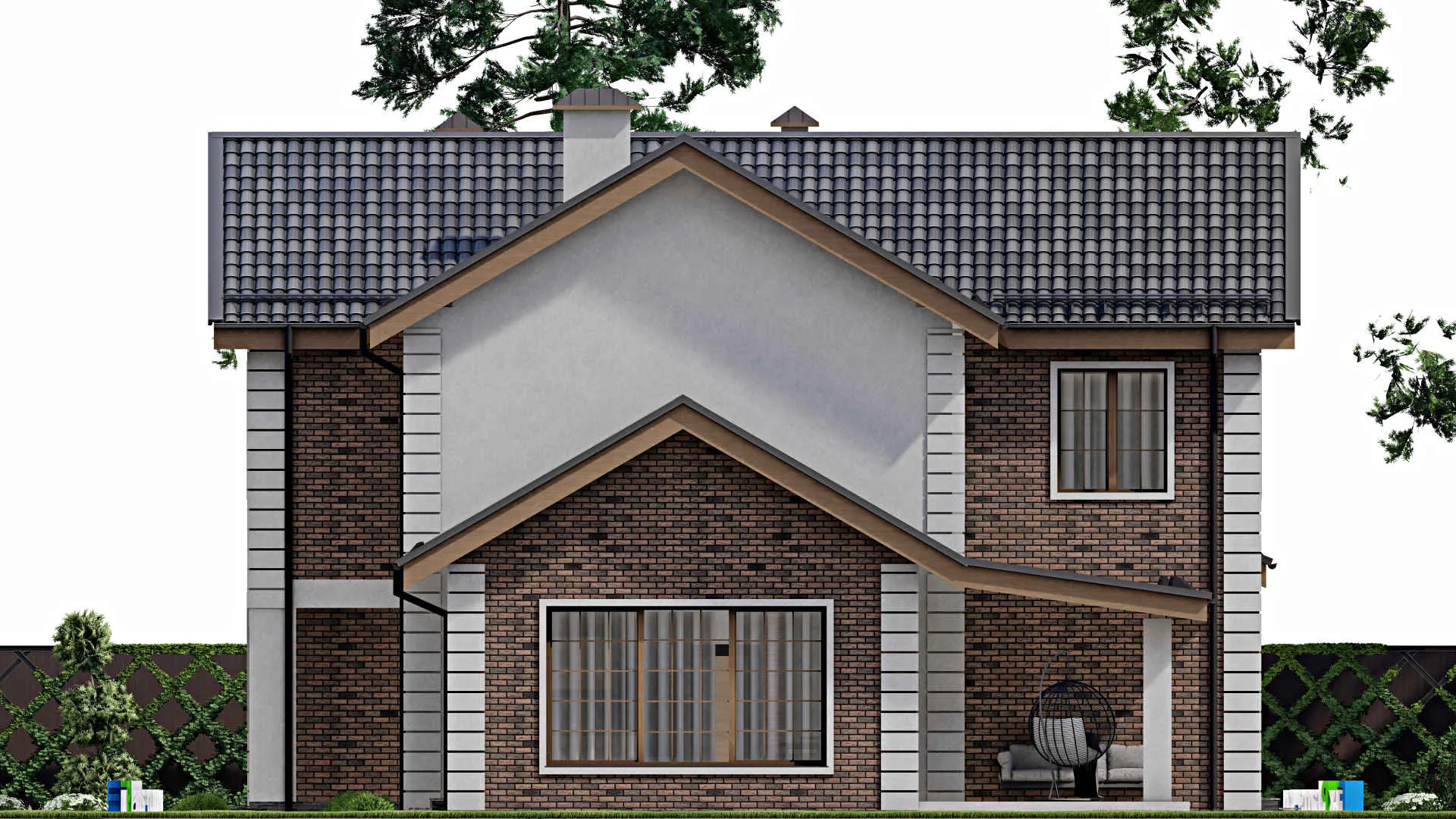 F-10826 - Проект двухэтажного дома 15 на 24, площадью 300 м² с террасой, баней и 3 спальнями