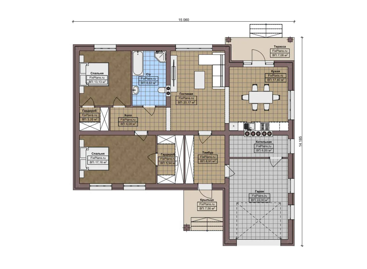 F-7856 - План одноэтажного дома 15 на 16, площадью 150 м² с террасой, гаражом на 1 машину и 2 спальнями