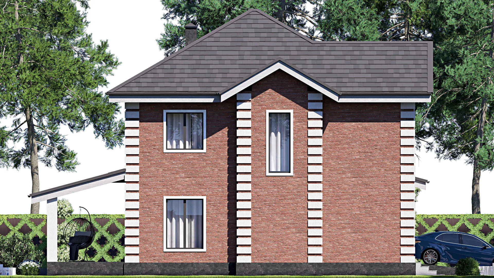 F-19412 - Проект двухэтажного дома 15 на 15, площадью 210 м² с террасой, гаражом на 1 машину и 4 спальнями