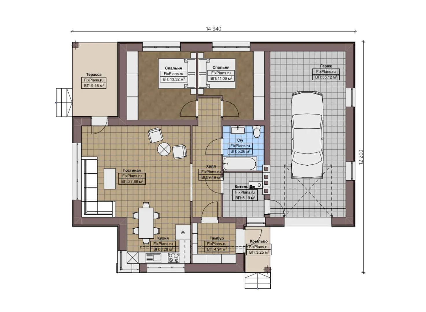 F-2105 - План одноэтажного дома 13 на 15, площадью 140 м² с террасой, гаражом на 2 машины и 2 спальнями