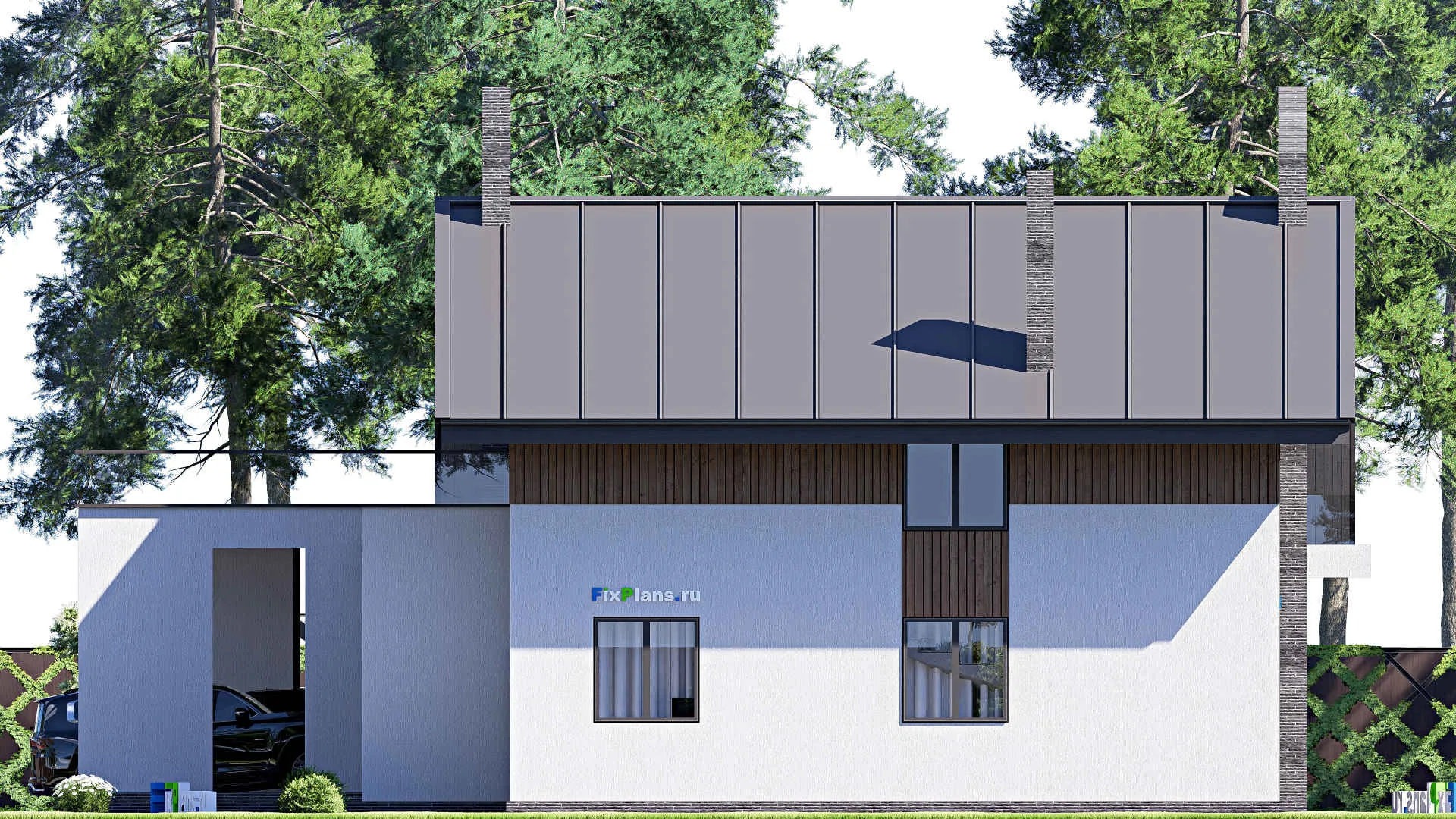 F-20699 - Проект дома с мансардой 16 на 18, площадью 360 м² с террасой, балконом, гаражом на 2 машины и 3 спальнями