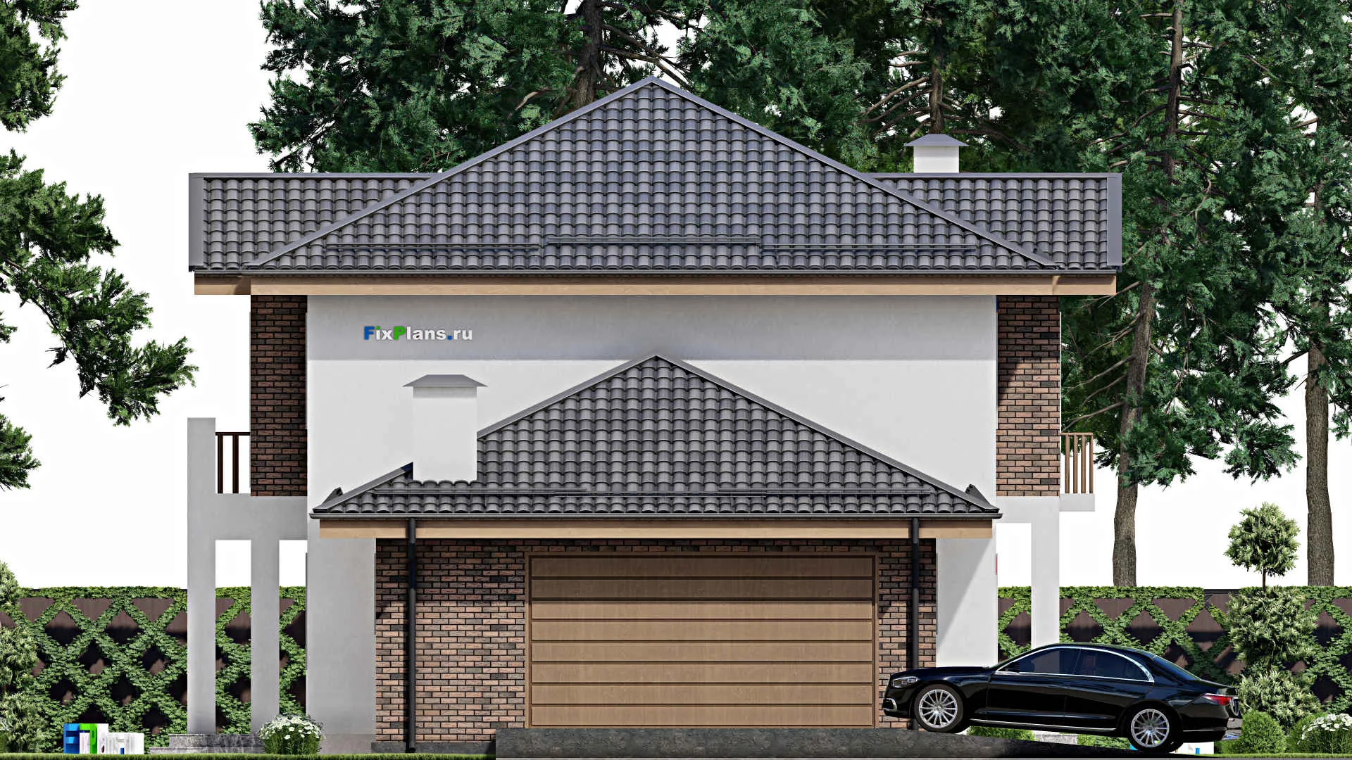 F-12338 - Планы двухэтажного дома 13 на 17, площадью 220 м² с террасой, балконом, гаражом на 2 машины и 3 спальнями