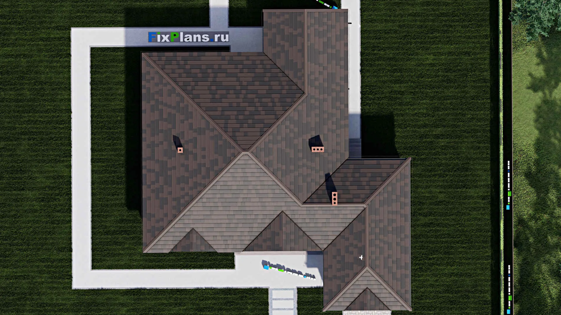 F-0188 - Проект одноэтажного дома 19 на 19, площадью 210 м² с террасой, гаражом на 1 машину и 2 спальнями