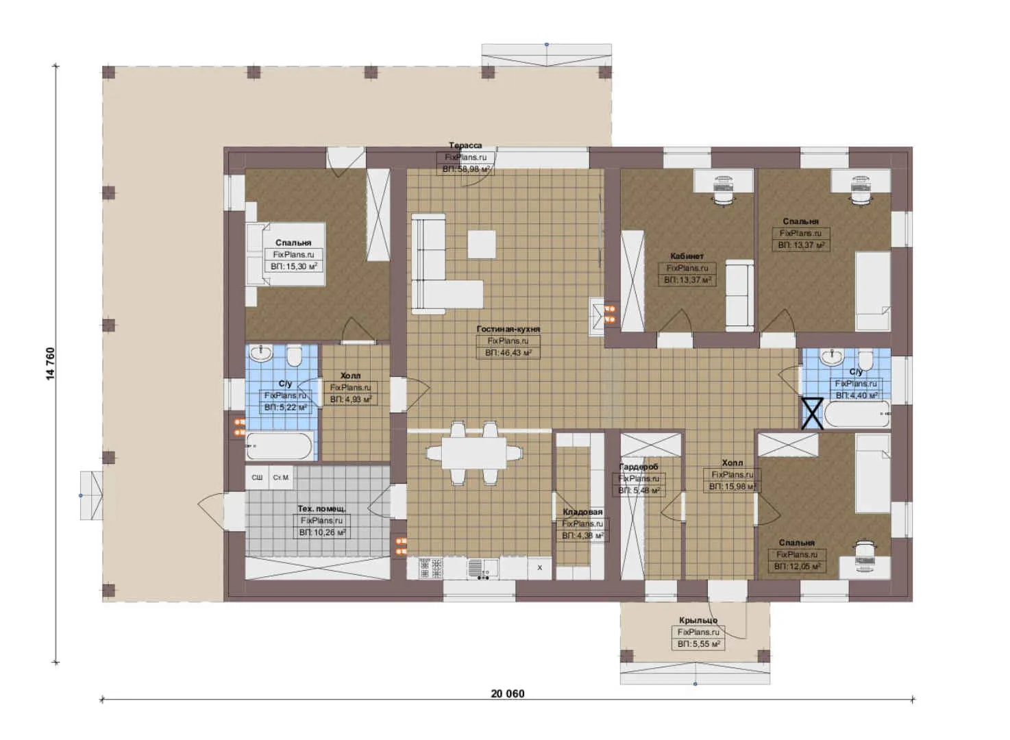 F-17441 - План одноэтажного дома 15 на 21, площадью 220 м² с террасой и 3 спальнями