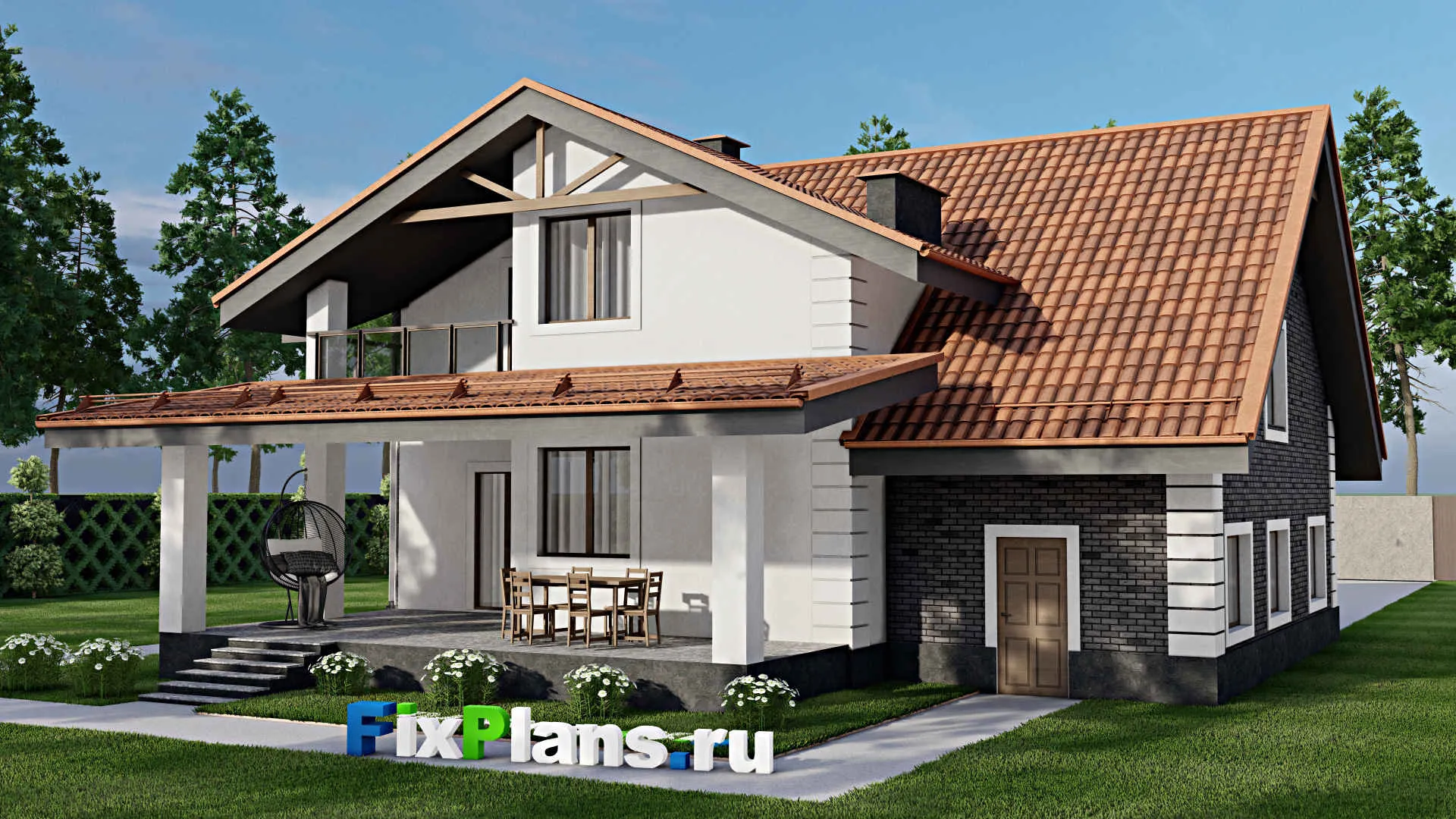 F-8783 - Проект дома с мансардой 14 на 16, площадью 250 м² с террасой, балконом, гаражом на 1 машину, спортзалом и 4 спальнями