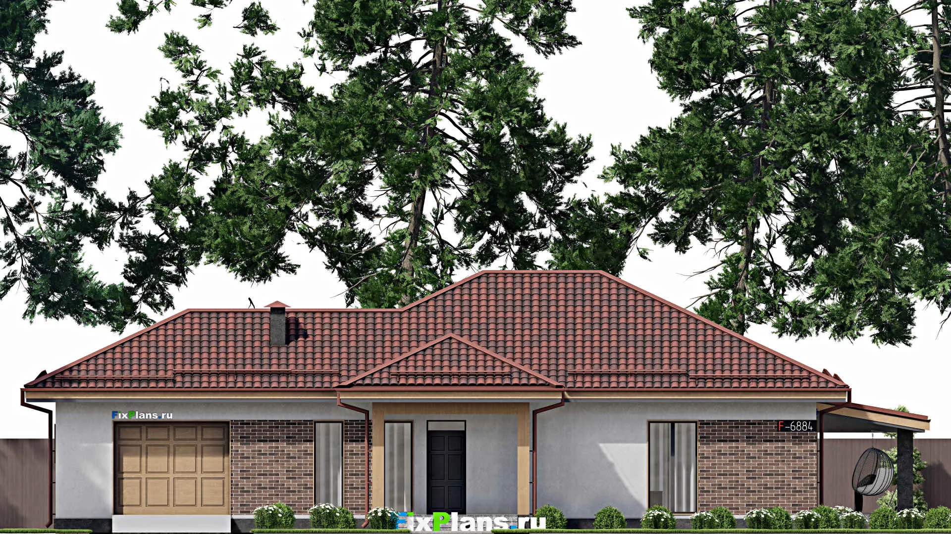 F-6884 - Проект одноэтажного дома 15 на 22, площадью 190 м² с террасой, гаражом на 1 машину и 3 спальнями