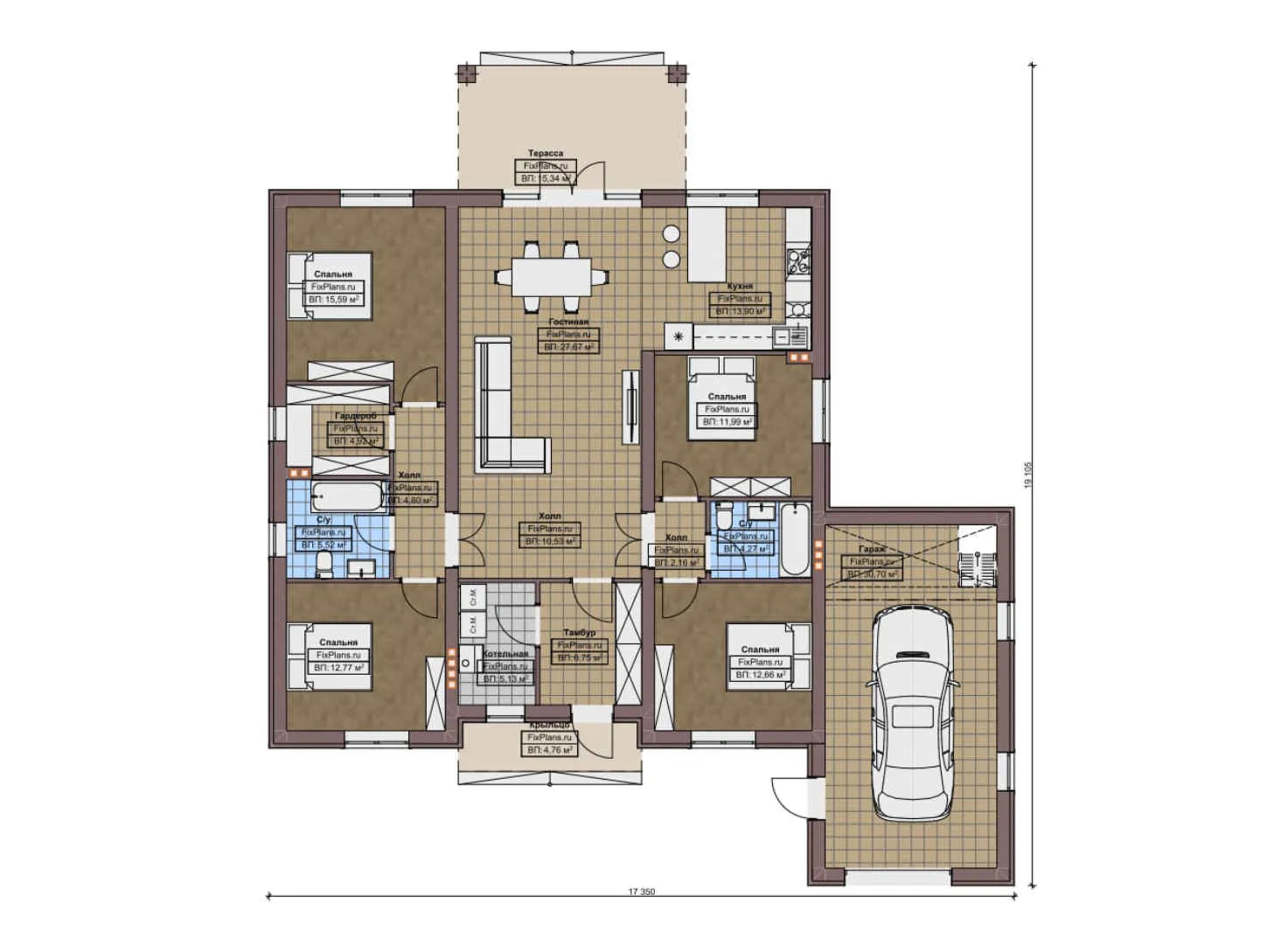 F-10286 - План одноэтажного дома 18 на 20, площадью 190 м² с террасой, гаражом на 1 машину и 4 спальнями