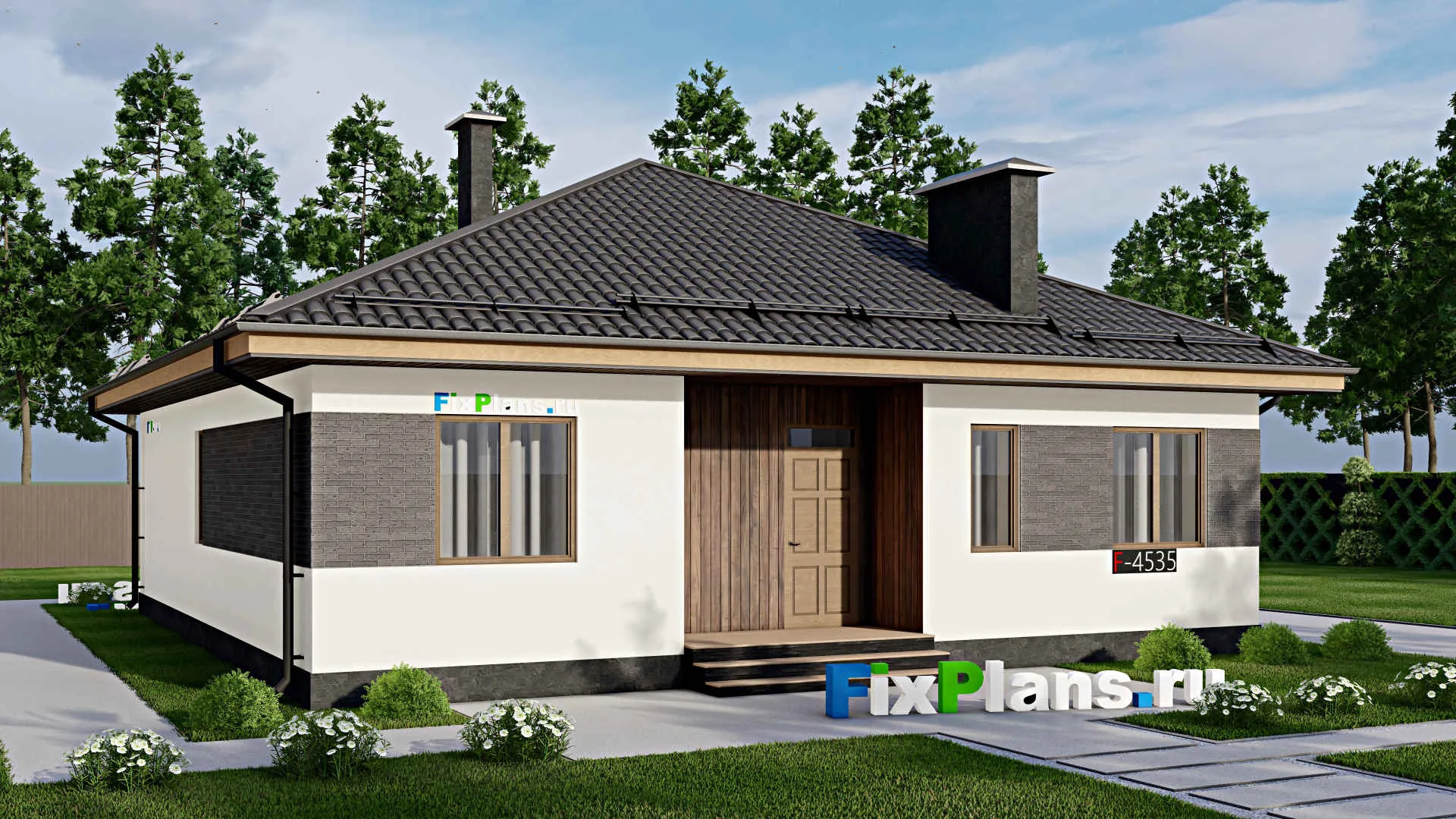 F-4535 - Проект одноэтажного дома 12 на 13, площадью 130 м² с террасой и 3 спальнями