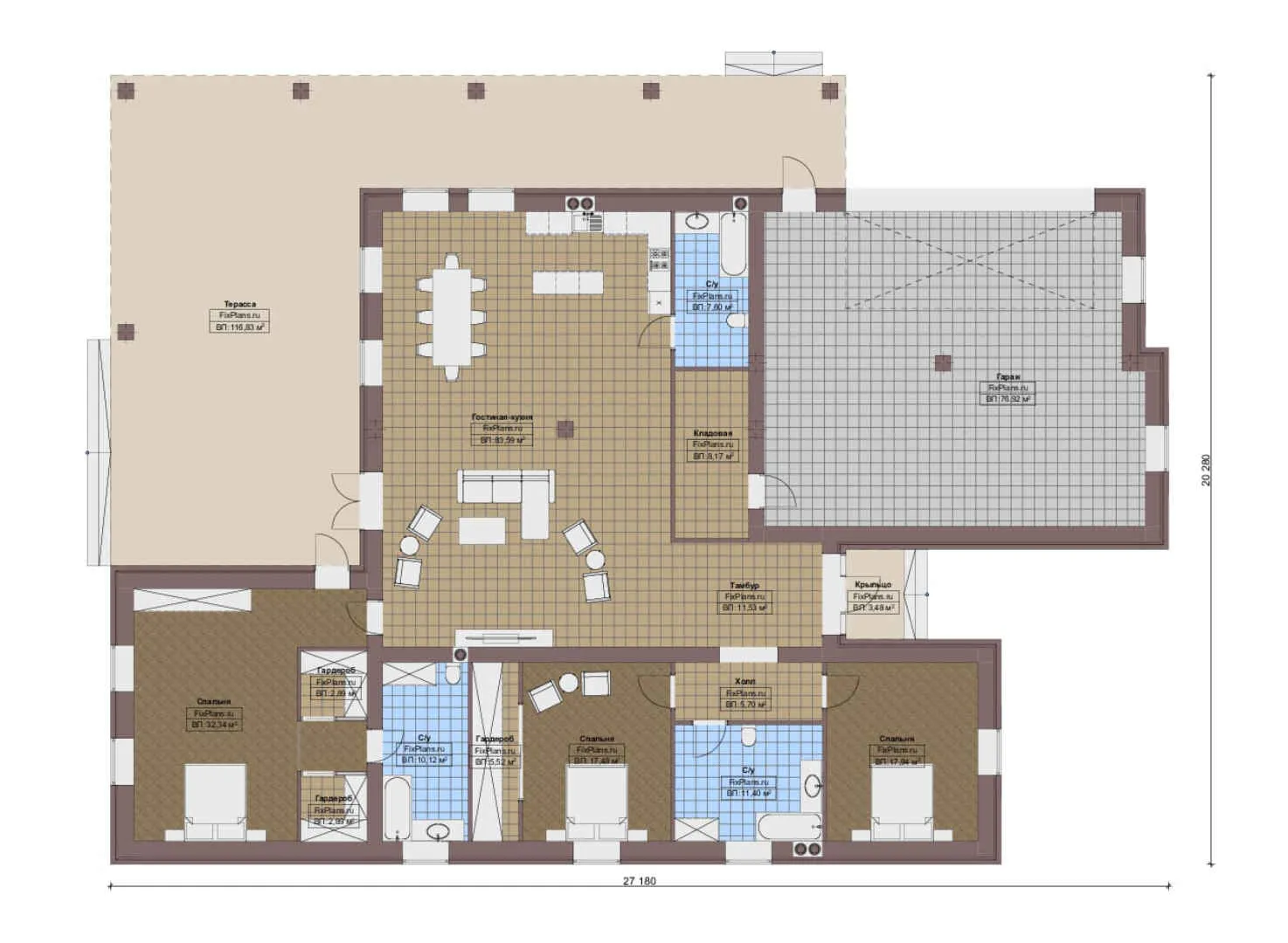 F-16946 - План одноэтажного дома 21 на 28, площадью 420 м² с террасой, гаражом на 2 машины и 3 спальнями