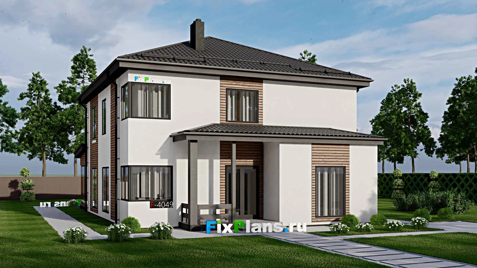 F-4049 - Проект двухэтажного дома 12 на 17, площадью 230 м² с террасой, баней и 4 спальнями
