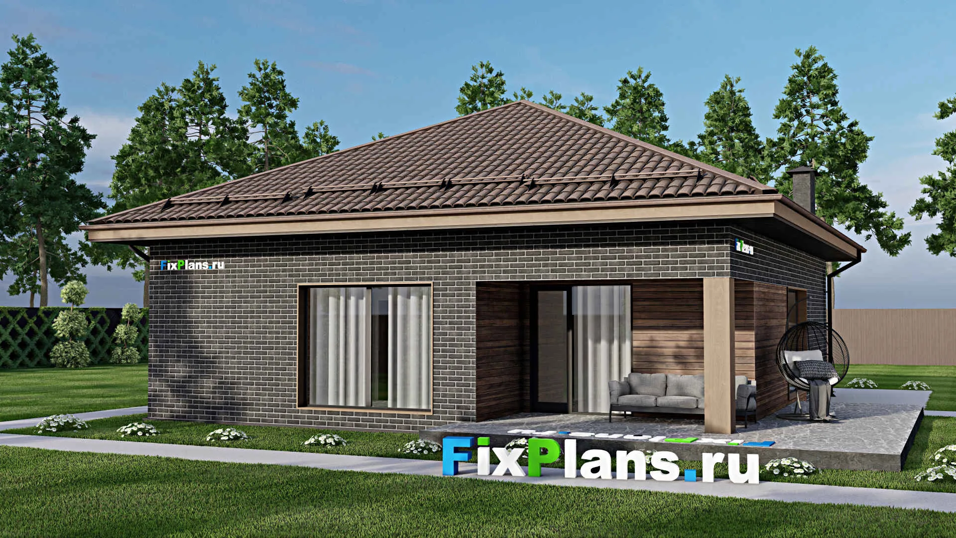 F-6353 - Проект одноэтажного дома 12 на 13, площадью 150 м² с террасой и 3 спальнями