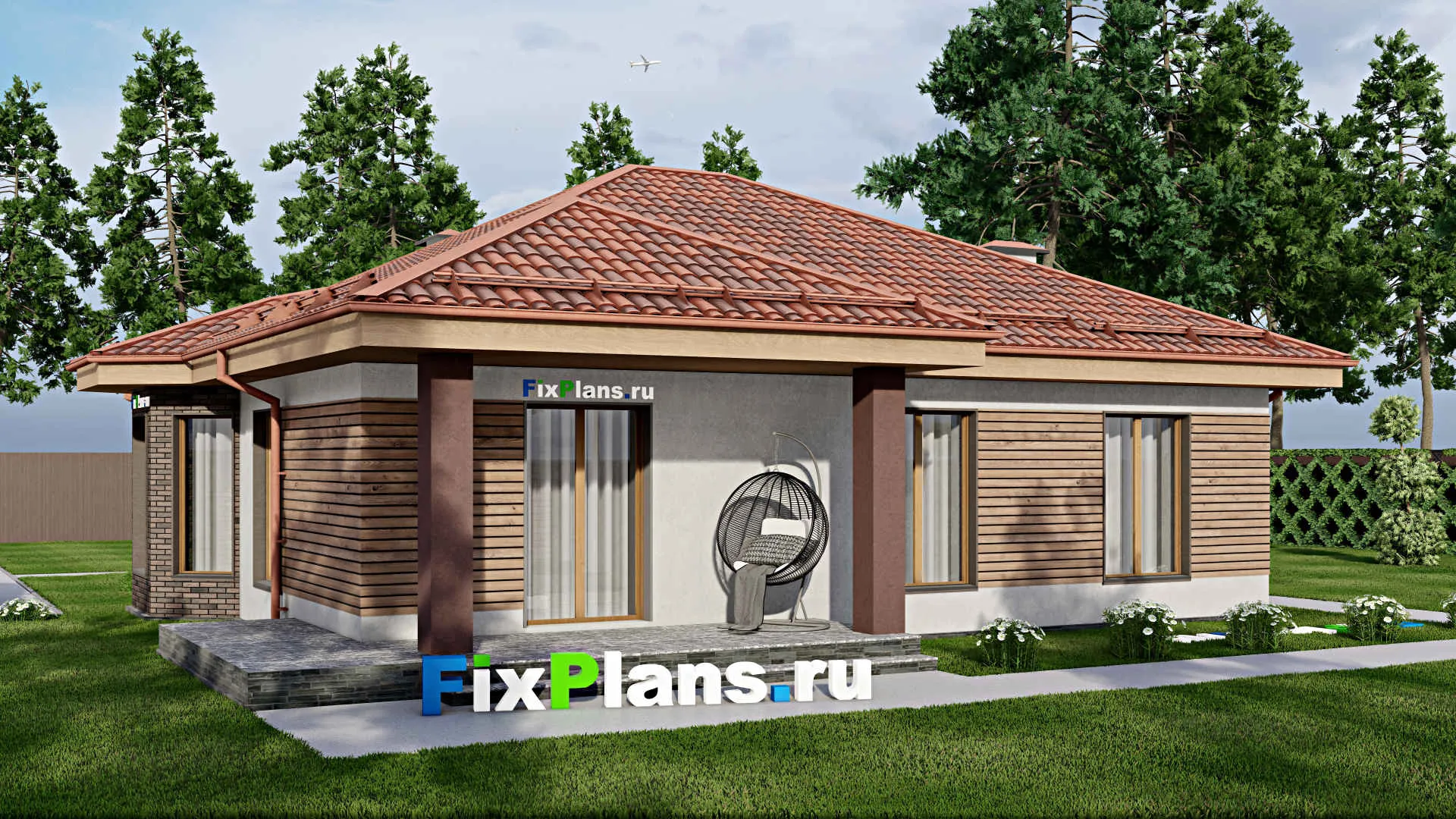 F-8648 - Проект одноэтажного дома 14 на 15, площадью 130 м² с террасой и 3 спальнями