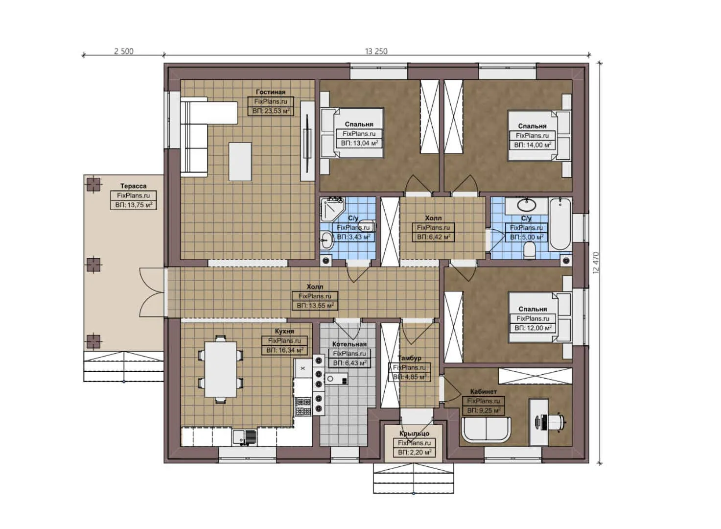 F-4328 - План одноэтажного дома 13 на 14, площадью 150 м² с террасой и 3 спальнями