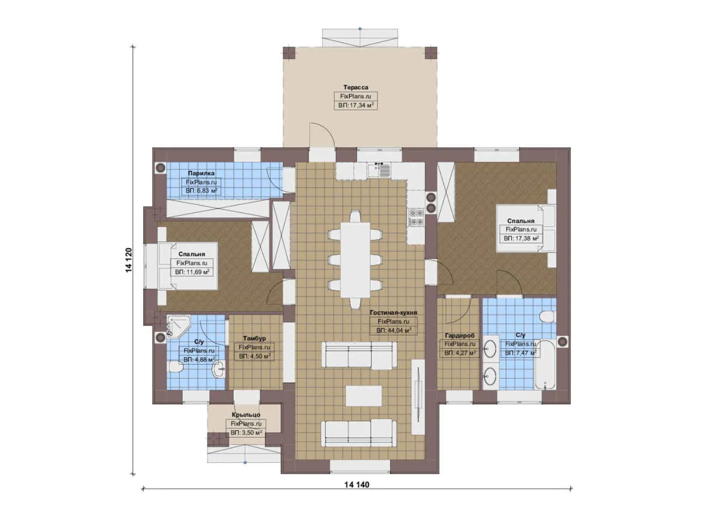 F-16712 - План одноэтажного дома 15 на 15, площадью 130 м² с террасой и 2 спальнями