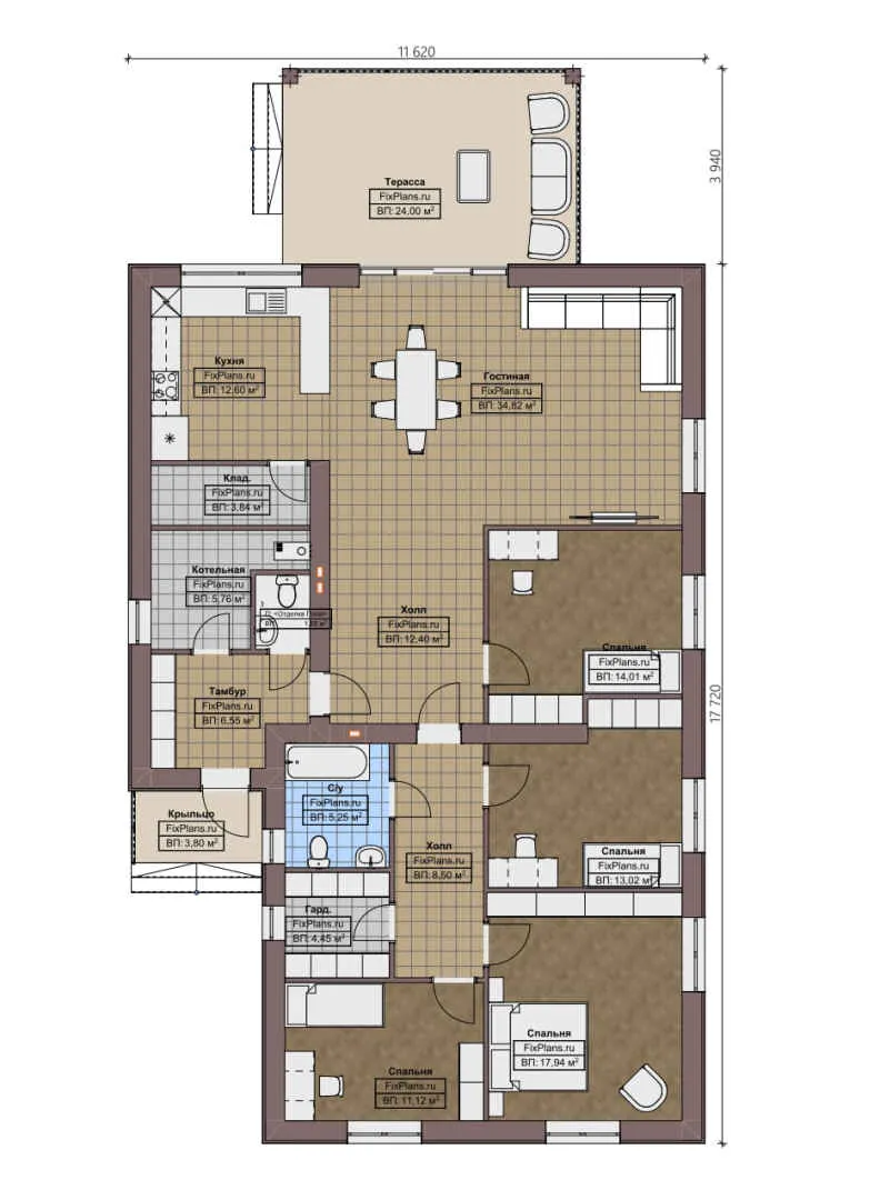 F-0548 - План одноэтажного дома 12 на 18, площадью 180 м² с террасой и 4 спальнями