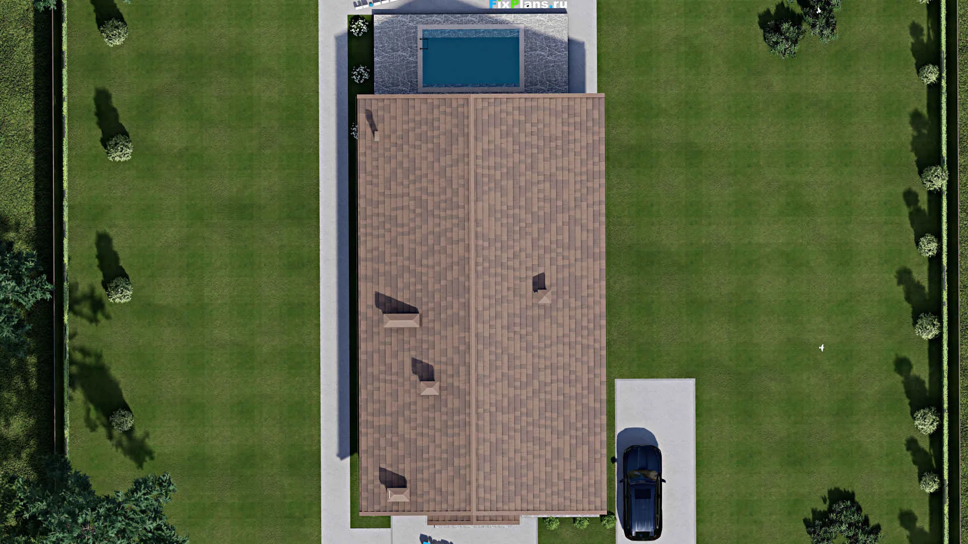 F-10187 - Проект одноэтажного дома 12 на 26, площадью 260 м² с террасой, баней и 2 спальнями