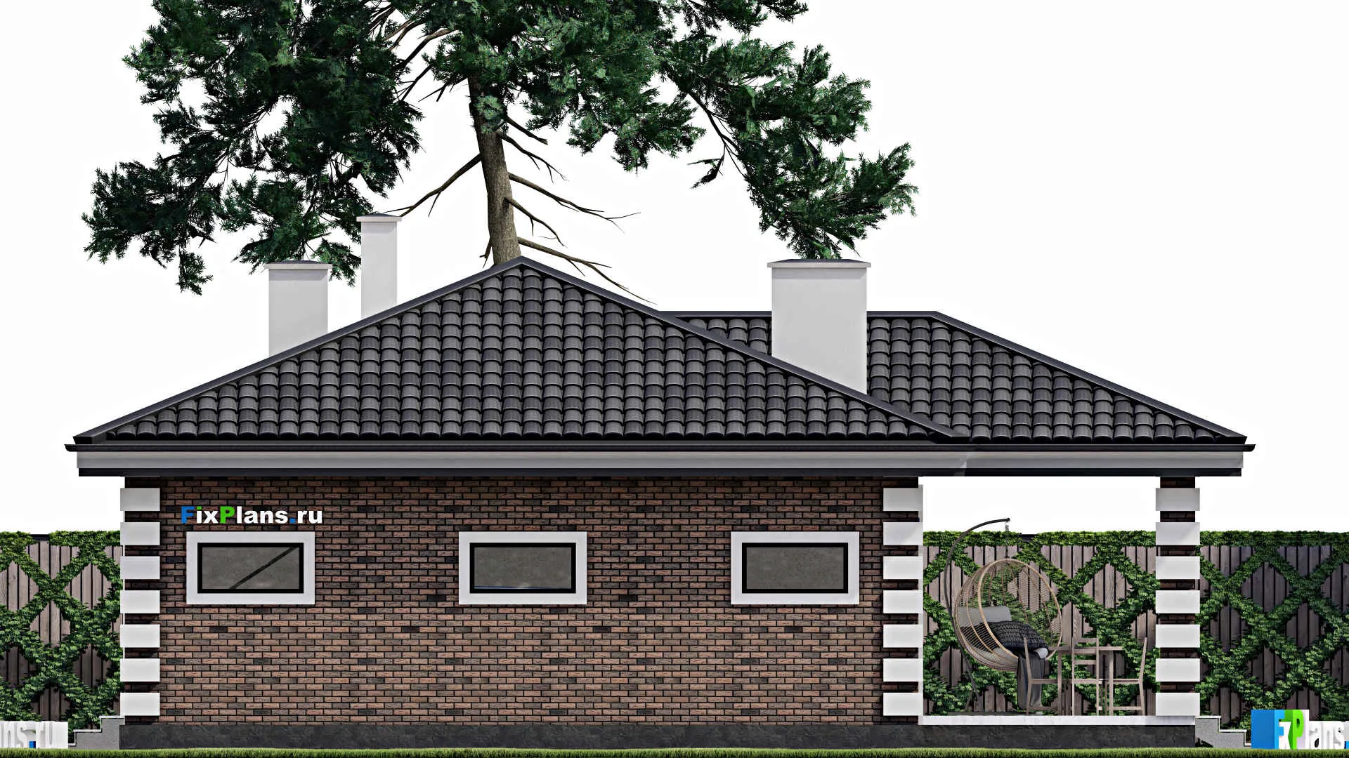 F-1169 - Проект одноэтажного дома 9 на 16, площадью 120 м² с террасой, гаражом на 1 машину и 2 спальнями