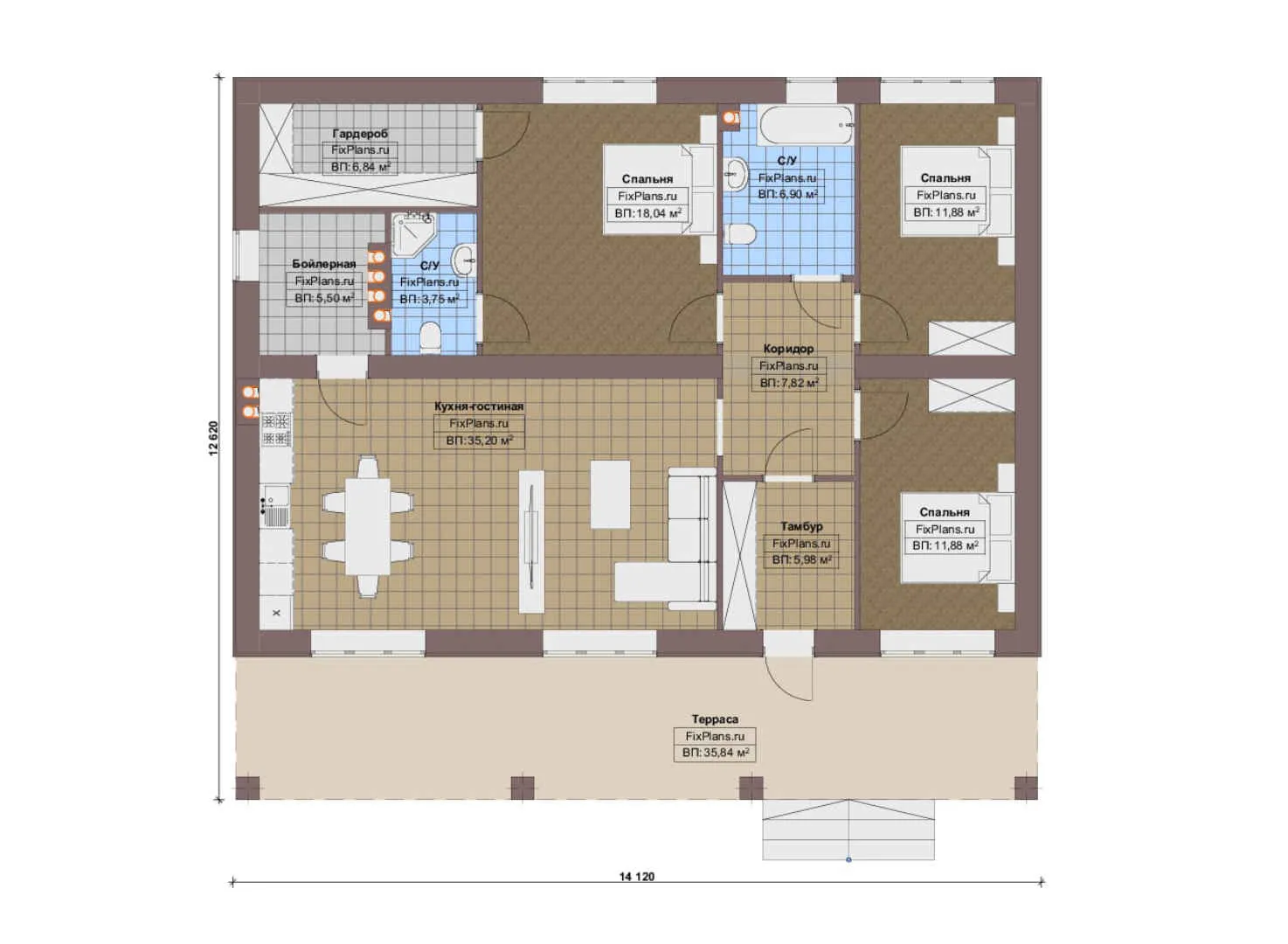 F-18251 - План одноэтажного дома 13 на 15, площадью 150 м² с террасой и 3 спальнями