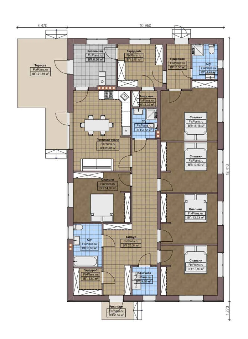 F-4760 - План одноэтажного дома 11 на 19, площадью 200 м² с террасой и 5 спальнями
