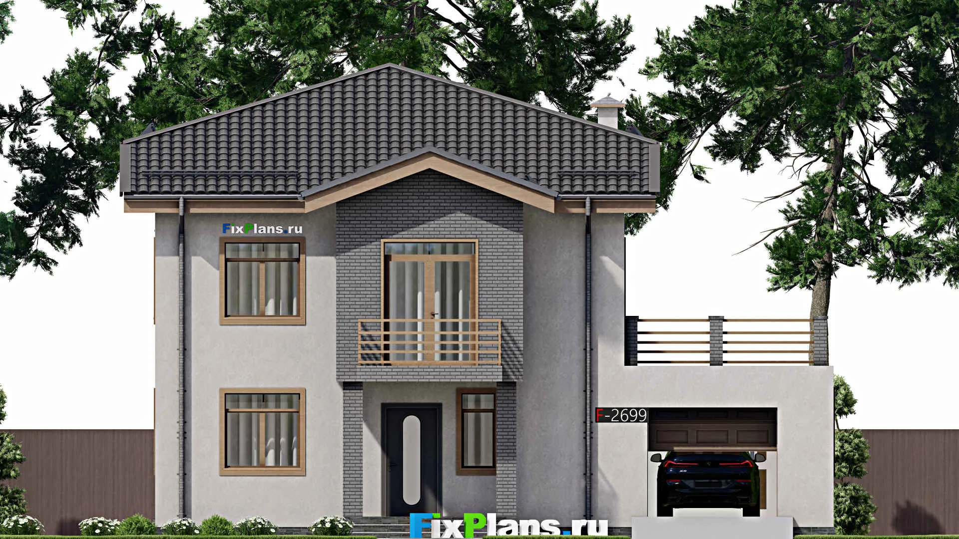 F-2699 - Проект двухэтажного дома 14 на 14, площадью 300 м² с террасой, балконом, гаражом на 1 машину, бассейном и 4 спальнями