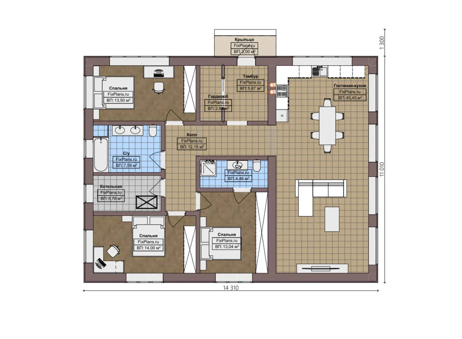 F-4346 - План одноэтажного дома 12 на 15, площадью 130 м² с 3 спальнями