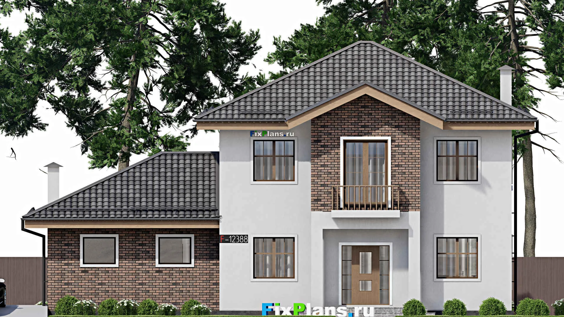 F-12338 - Планы двухэтажного дома 13 на 17, площадью 220 м² с террасой, балконом, гаражом на 2 машины и 3 спальнями