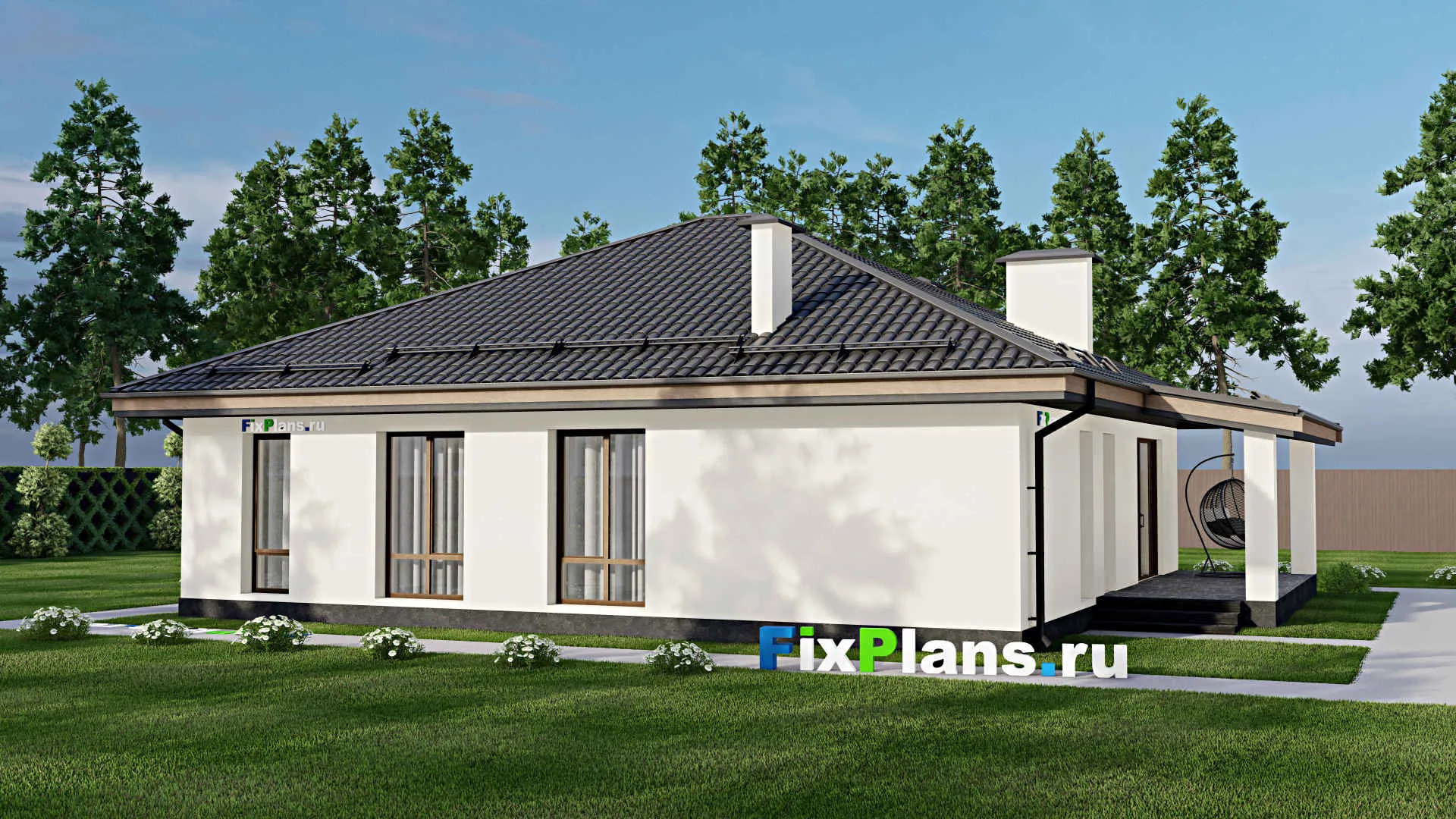 F-5300 - Проект одноэтажного дома 12 на 13, площадью 150 м² с террасой и 2 спальнями