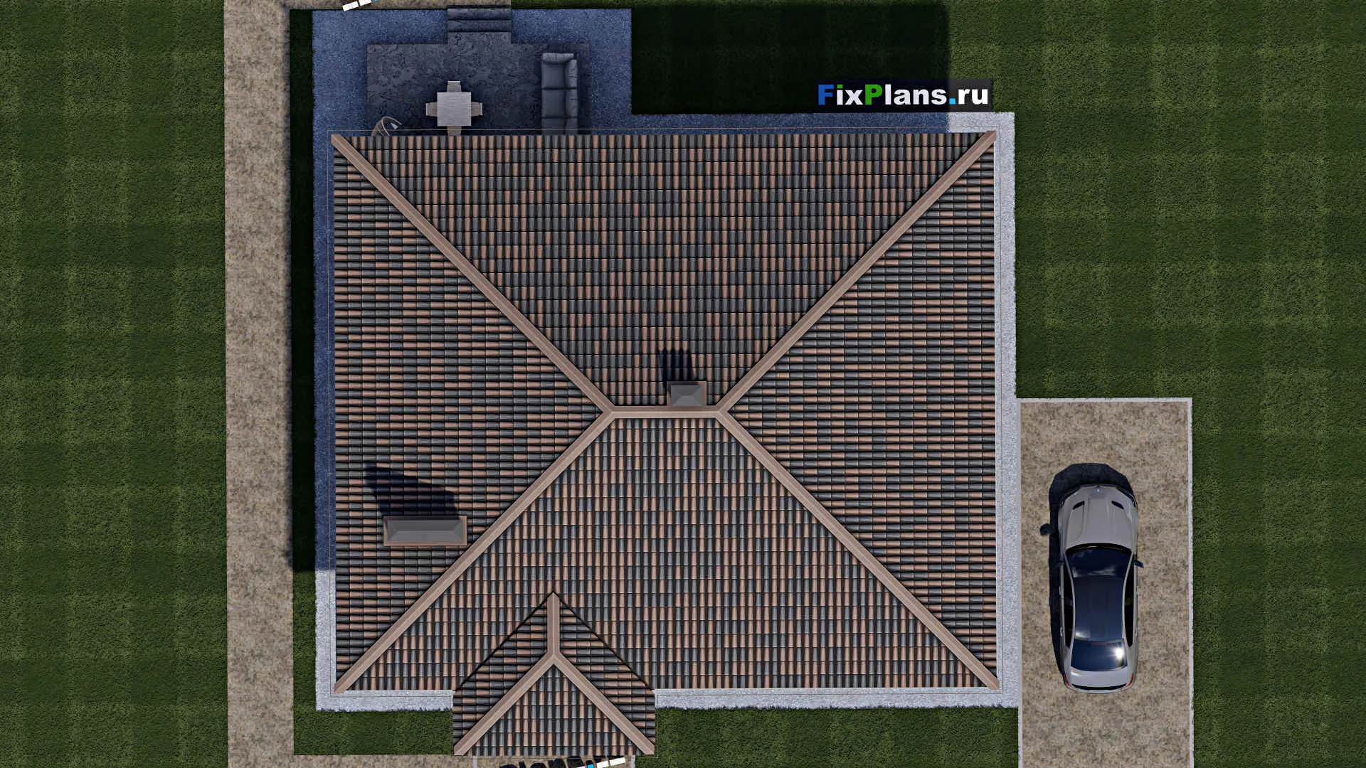 F-1232 - Проект одноэтажного дома 12 на 14, площадью 150 м² с террасой и 3 спальнями