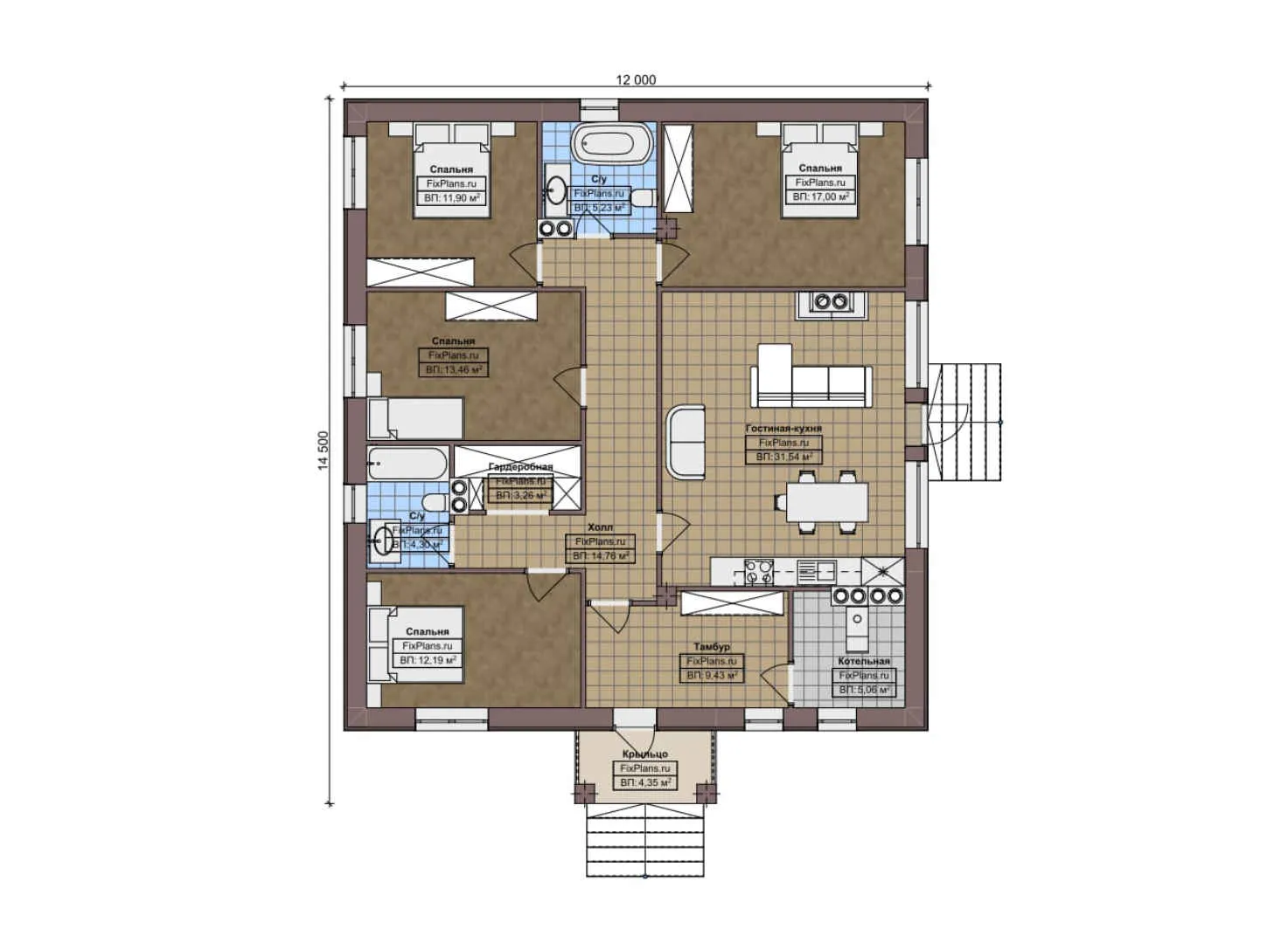 F-7487 - План одноэтажного дома 12 на 15, площадью 140 м² с 4 спальнями