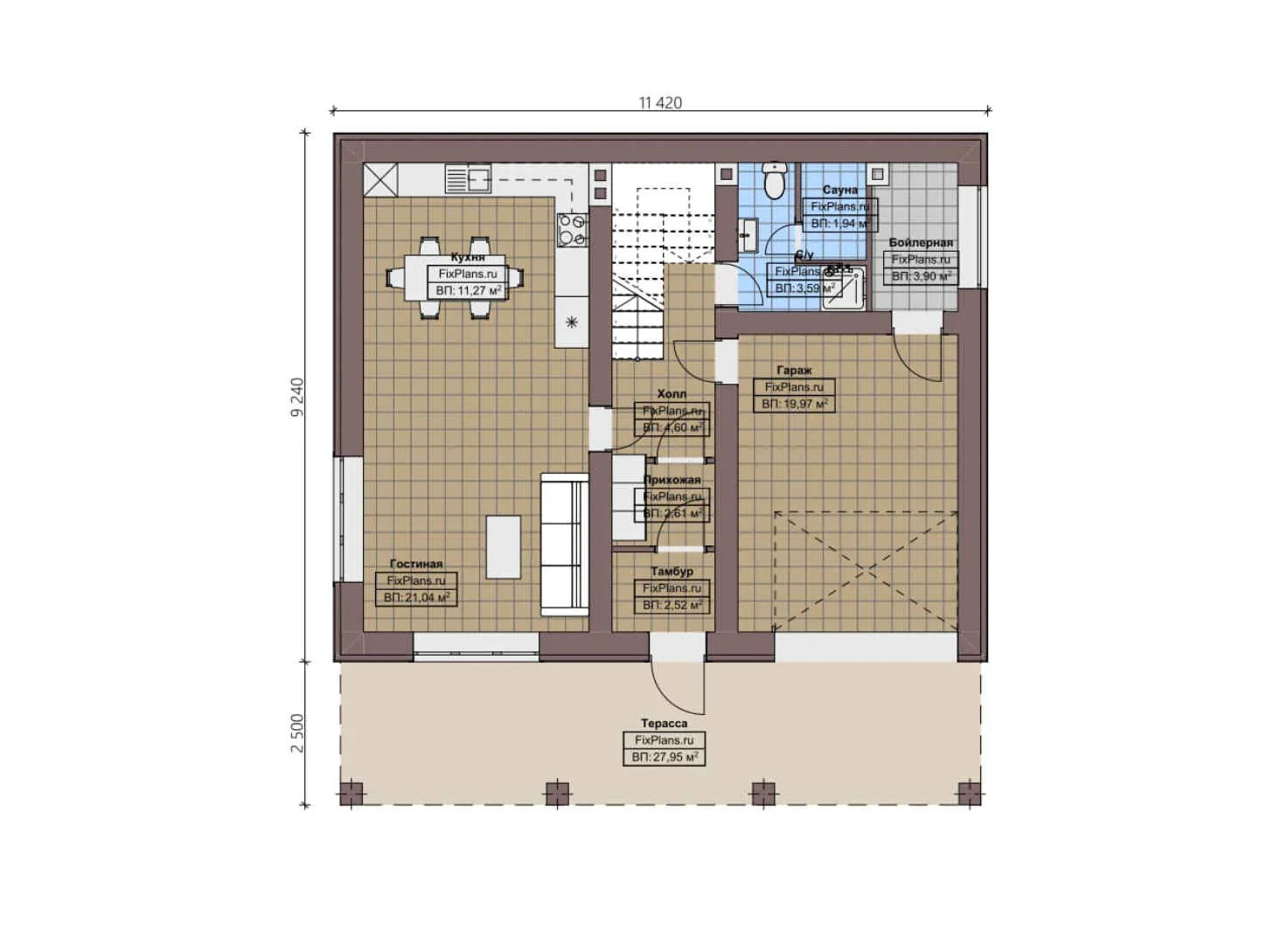 F-2087 - Планы двухэтажного дома 10 на 12, площадью 240 м² с террасой, баней, гаражом на 1 машину и 4 спальнями