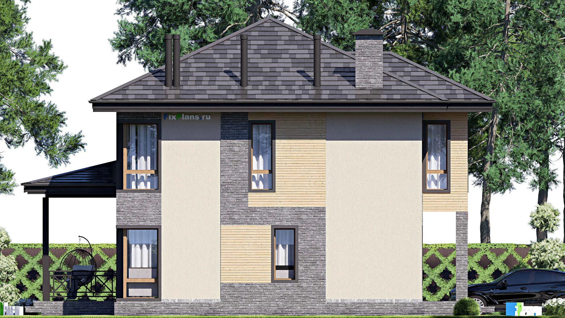 F-19538 - Планы двухэтажного дома 12 на 15, площадью 200 м² с террасой и 3 спальнями