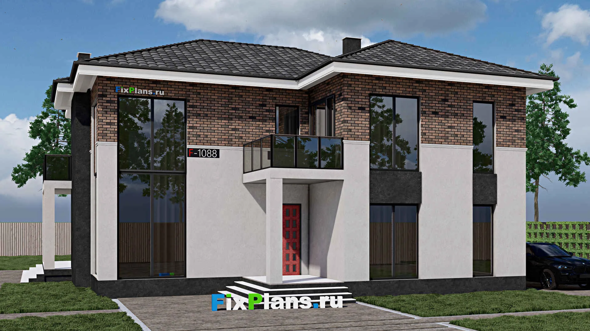 F-1088 - Проект двухэтажного дома 14 на 15, площадью 250 м² с террасой, балконом, вторым светом и 5 спальнями