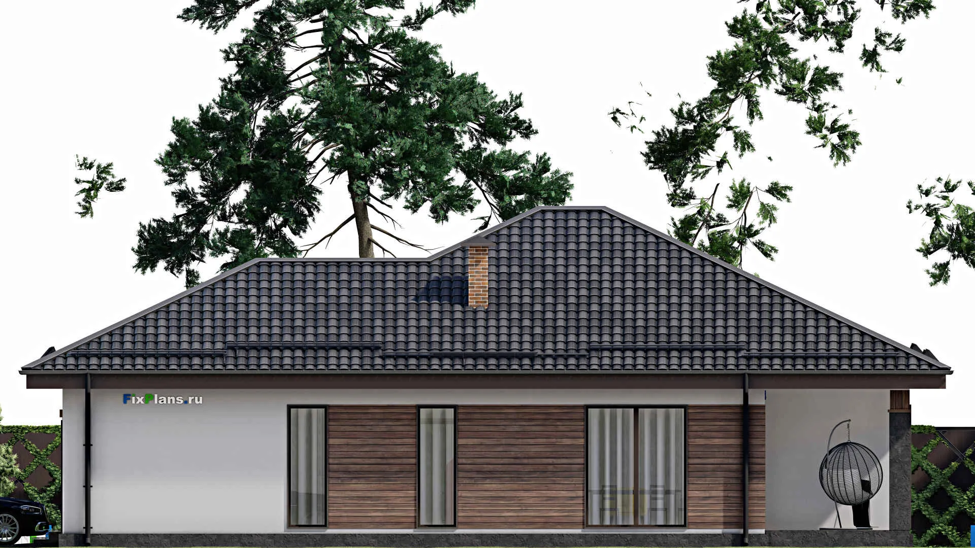 F-9134 - Проект одноэтажного дома 12 на 17, площадью 150 м² с террасой, гаражом на 1 машину и 3 спальнями