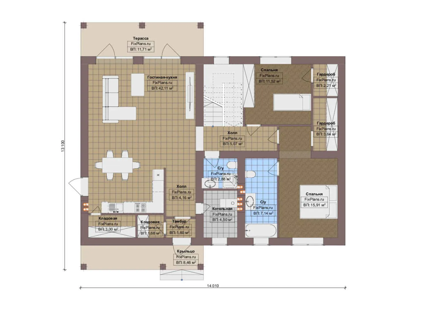 F-13643 - Планы дома с мансардой 14 на 15, площадью 210 м² с террасой и 4 спальнями