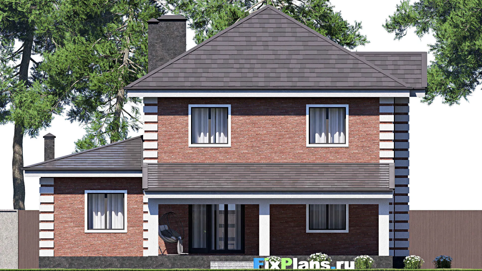 F-19412 - Проект двухэтажного дома 15 на 15, площадью 210 м² с террасой, гаражом на 1 машину и 4 спальнями