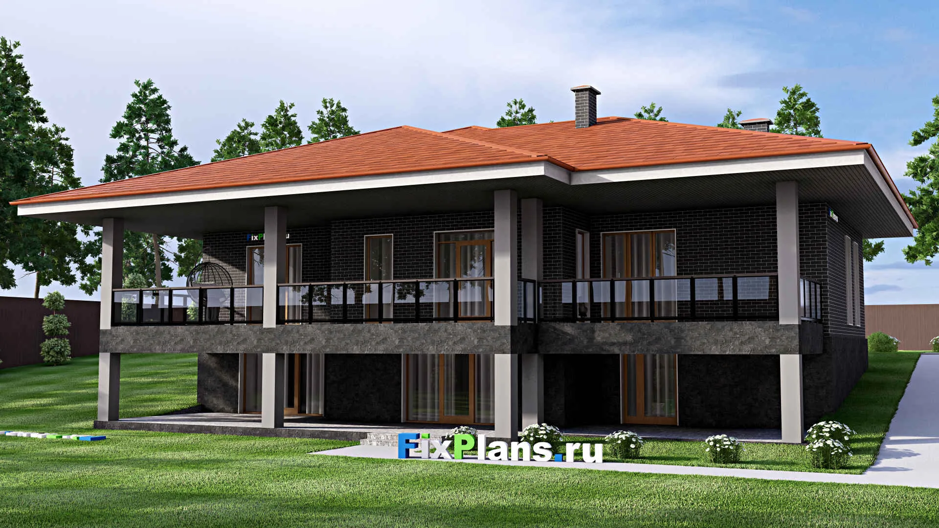 F-13247 - Проект одноэтажного дома 18 на 19, площадью 380 м² с террасой, цокольным этажом, спортзалом и 4 спальнями