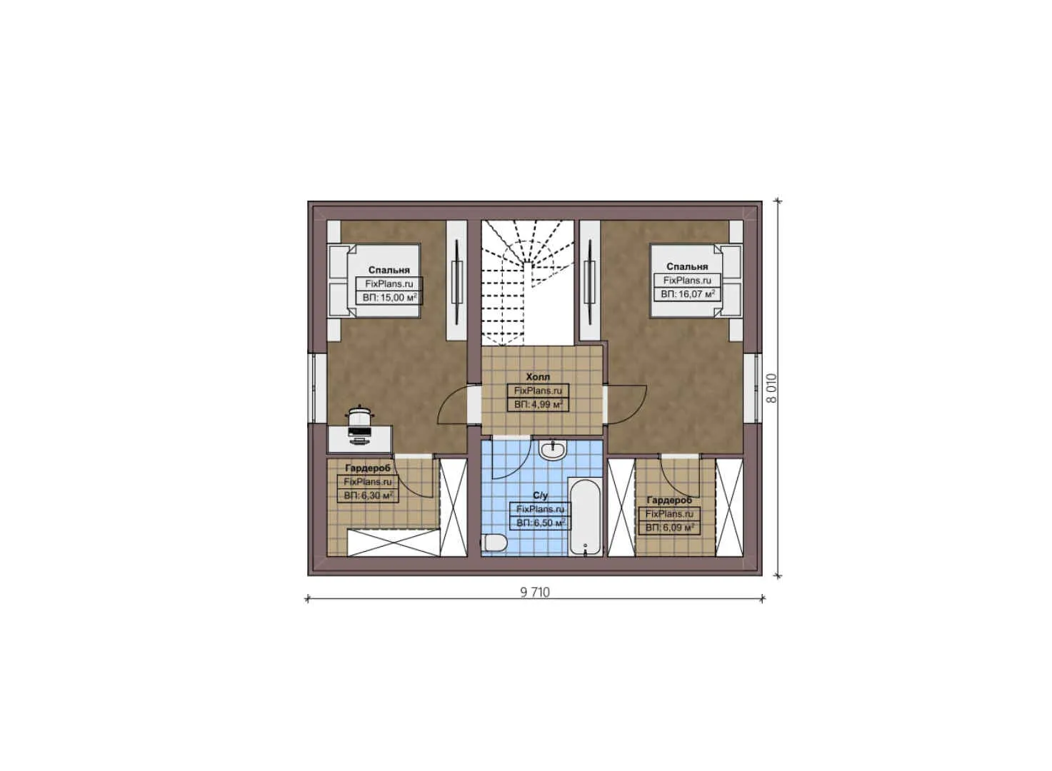 F-3446 - Планы дома с мансардой 9 на 10, площадью 130 м² с террасой и 3 спальнями